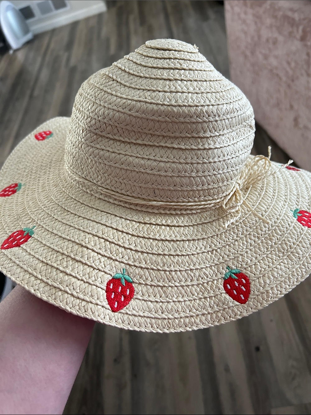 Straw Sun Hat with Embroidered Strawberries - Natural